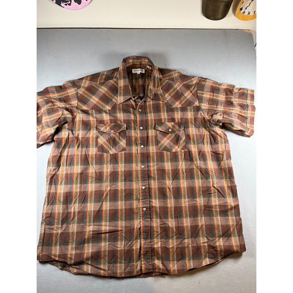 3X Sheplers pearl snap button up short sleeve brown and blue